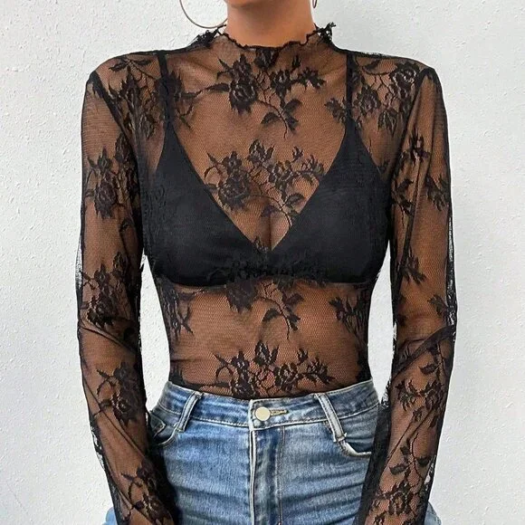 Black Sexy Women's Floral Lace Collar Long Sleeve Sheer Blouse - Picture 3 of 6